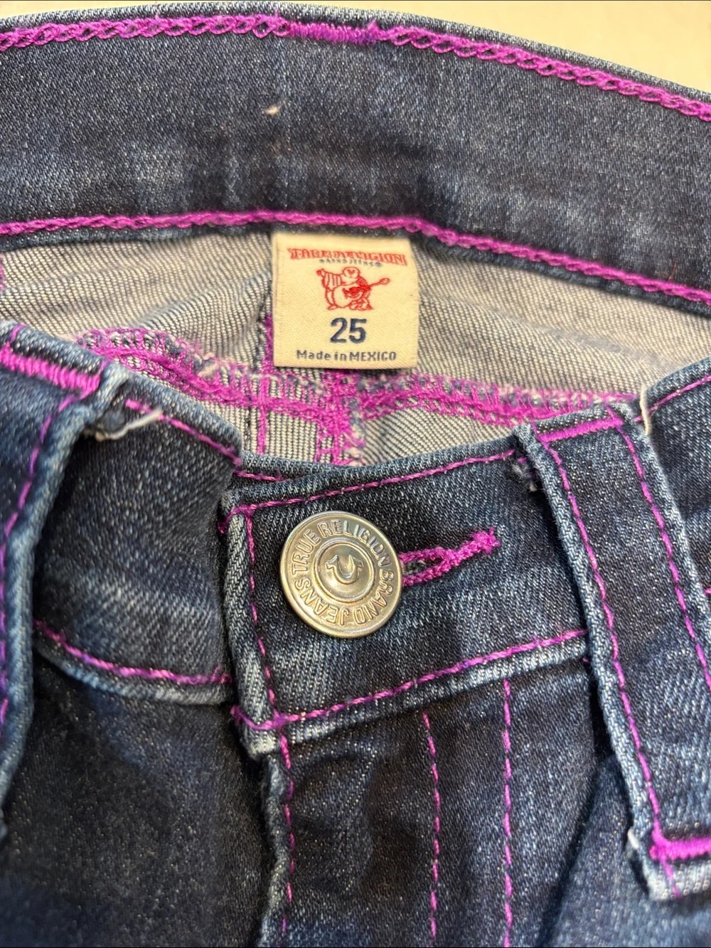 True Religion Skinny Jeans in Dark Blue with Purple Stitching - Picture 8 of 11